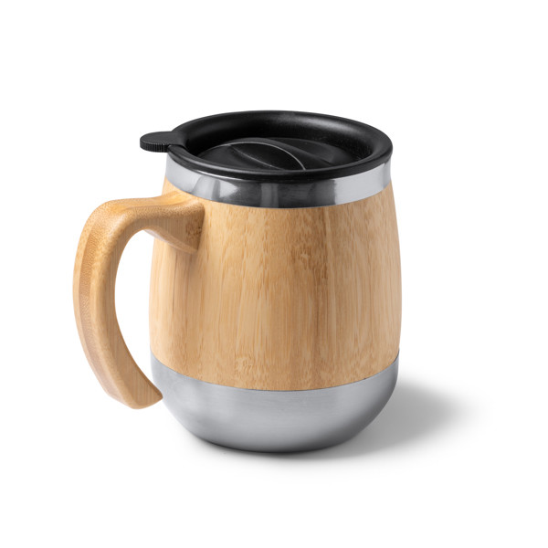 Personalised thermal mug in stainless steel and bamboo 450 ml with anti-leak dosing lid