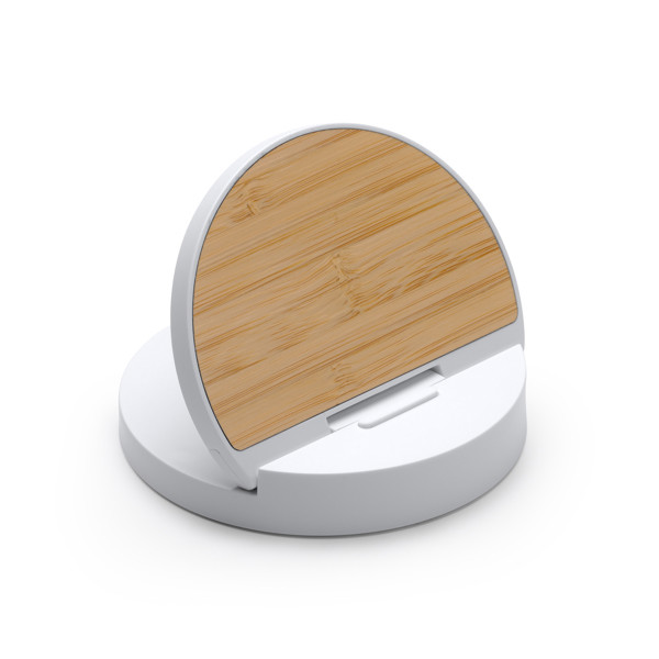 Soporte cargador inalámbrico personalizado de bambú y ABS 10W plegable con indicador luminoso