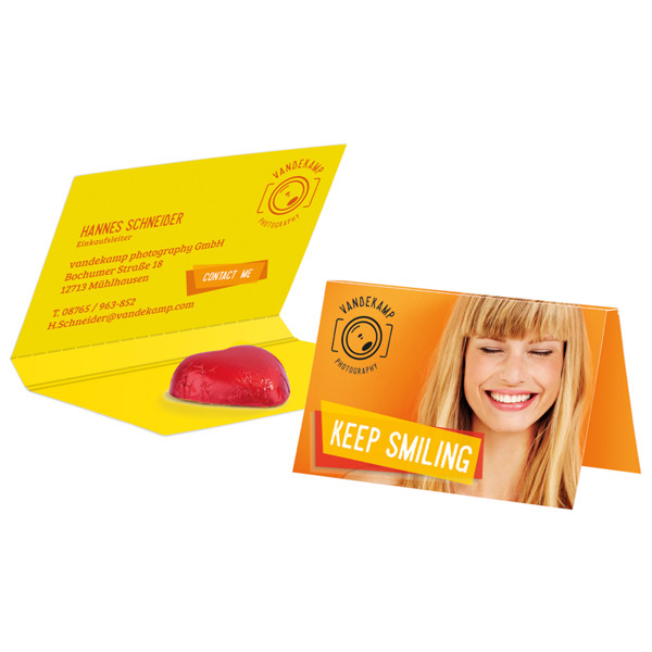 Promotion card, business card format, Storz chocolate heart