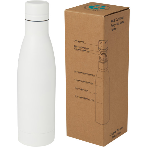 Bouteille isotherme Vasa en acier inoxydable recyclé certifié RCS de 500 ml avec isolation par le vide et couche de cuivre - Blanc