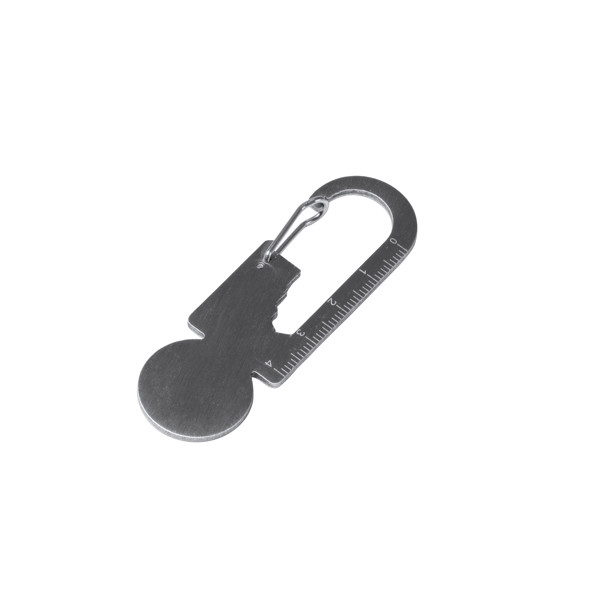 Personalised multi-tool keyring in stainless steel with carabiner and shopping cart coin
