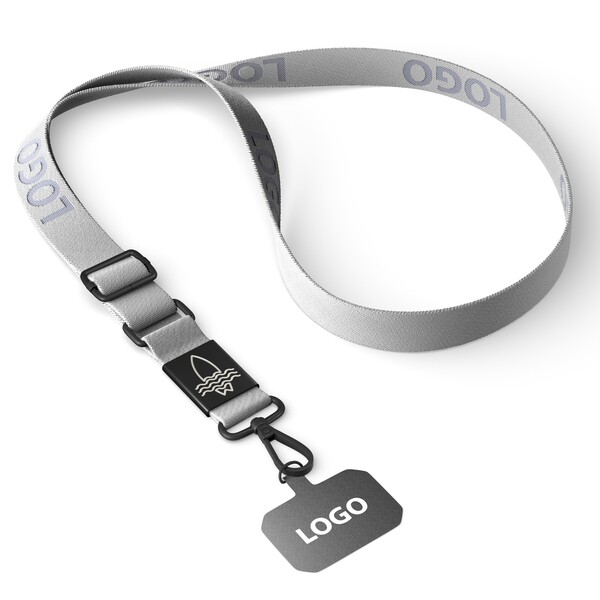 Porta cellulare regolabile a tracolla in tessuto con etichetta in metallo con logo inciso. Da 100pz - Bianco / Azzurro scuro