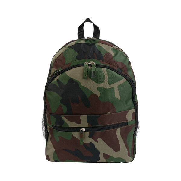 600D Polyester 6-Pocket Backpack (Two Mesh Side Pockets). Front Pocket With Velcro