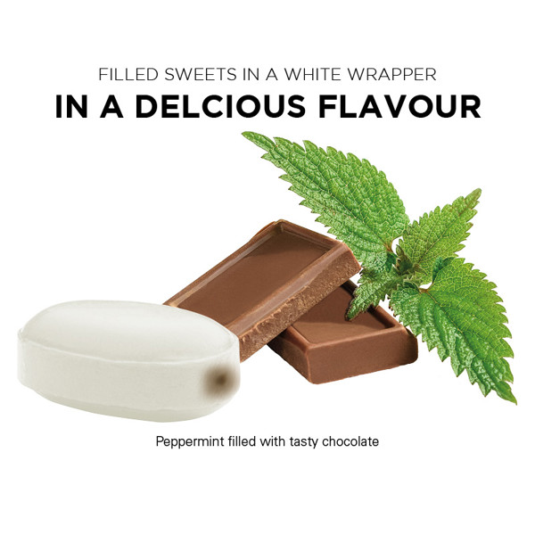 Chocolate-mint sweet, fllled, in compostable white wrapper
