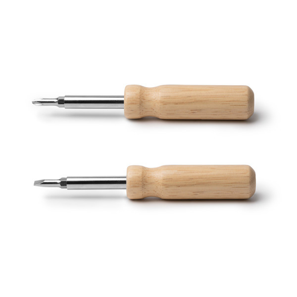 Destornillador personalizado de acero inoxidable con mango de madera y puntas intercambiables