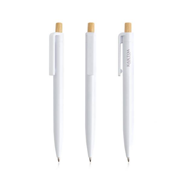 Esferográfica de Plástico c/ detalhes em Bambu - branco