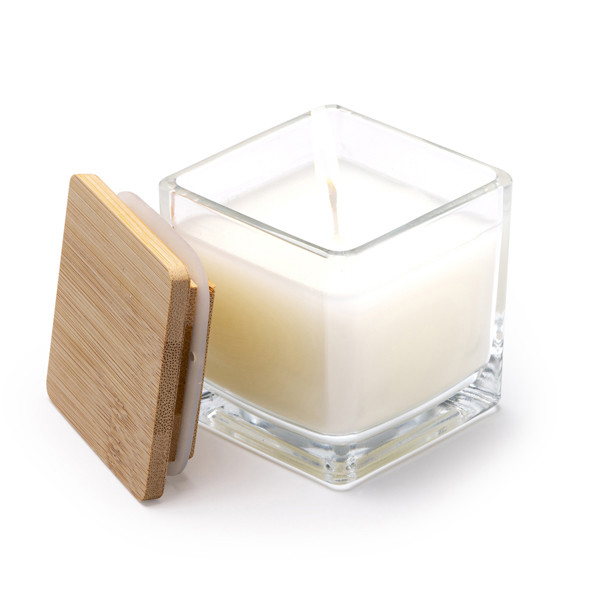 Personalised aromatic candle in glass jar with bamboo lid and vanilla scent