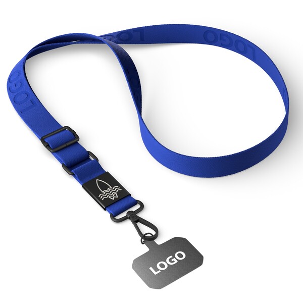Suporte para telemóvel em forma de cruz feito de fita tecida com placa de metal gravada com o seu logótipo. Disponível em quantidades de 100 ou mais - Dark Azure Blue
