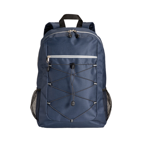 600D Polyester 4-Pocket Backpack (Two Mesh Side Pockets). Padded Straps And Back - Blue Grey