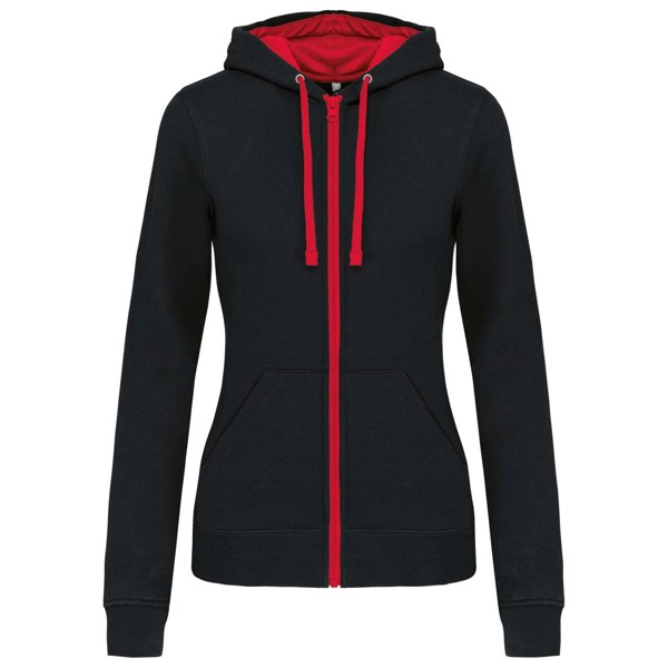 Ladies’ Contrast Hooded Full Zip Sweatshirt - Black / Red / S