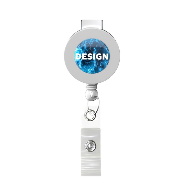 Carretel retrátil para crachás em formato redondo com logotipo de ⌀2cm - Cor integral / Branco / Bull dog clip