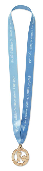 Custom shape wooden medal. V stitched. - 25mm width