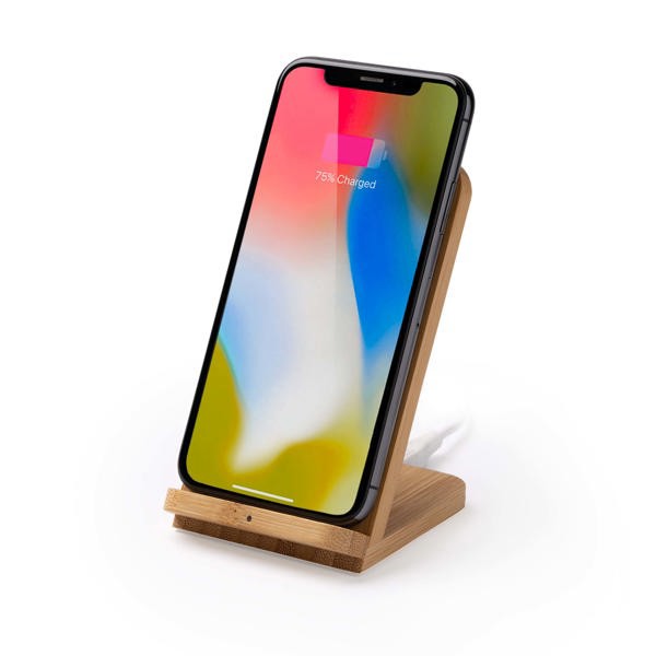 Cargador inalámbrico personalizado de bambú 5W con soporte para smartphone