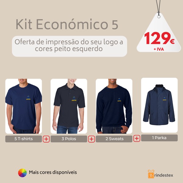 Kit Económico Fardamento 5 T-shirts + 3 Polos + 2 Sweats + 1 Parka com impressão a cores