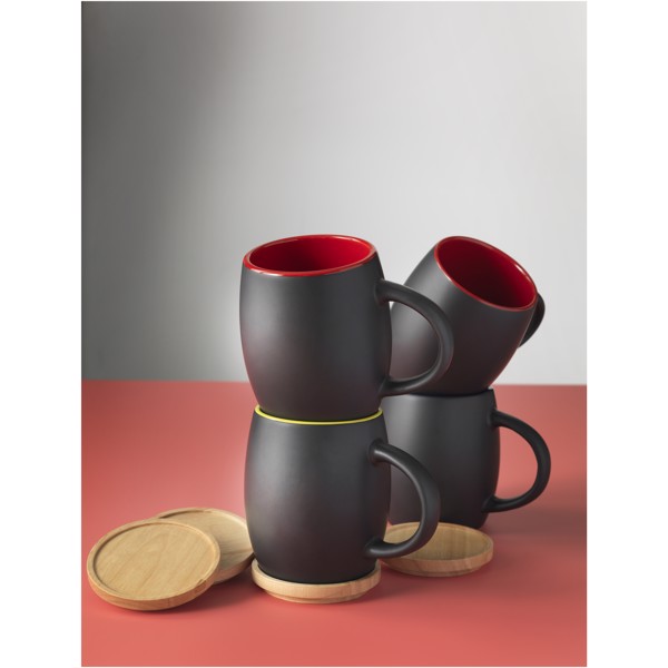 Tazza in ceramica Heart con coperchio in legno da 400 ml - Nero / Bianco