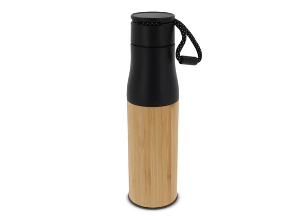Bouteille isotherme avec dragonne et partie extérieur bambou 500ml - Noir
