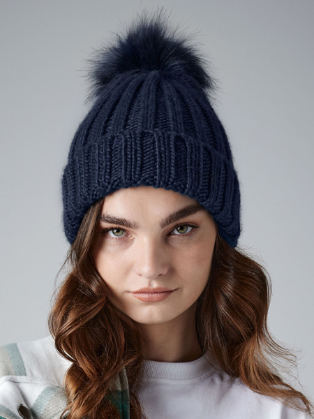 Verbier Fur Pop Pom Chunky Beanie - Black