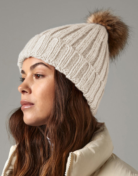 Fur Pop Pom Chunky Beanie - Biscuit / ONE SIZE