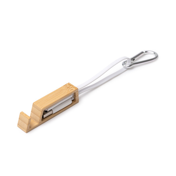 4-in-1 personalised charging cable with bamboo smartphone stand and carabiner