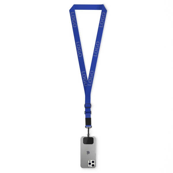 Geweven verstelbare crossbody telefoonhouder met metalen plaatje voor een gegraveerd logo. Vanaf 100 stuks - Donker azuurblauw / Wit