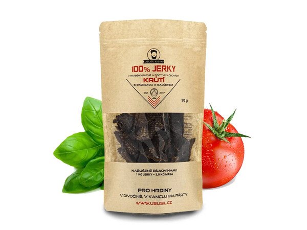 100% JERKY Morčacie sušené mäso s bazalkou a paradajky