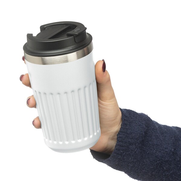 Recycled stainless steel travel mug (400 ml) Chiara - White