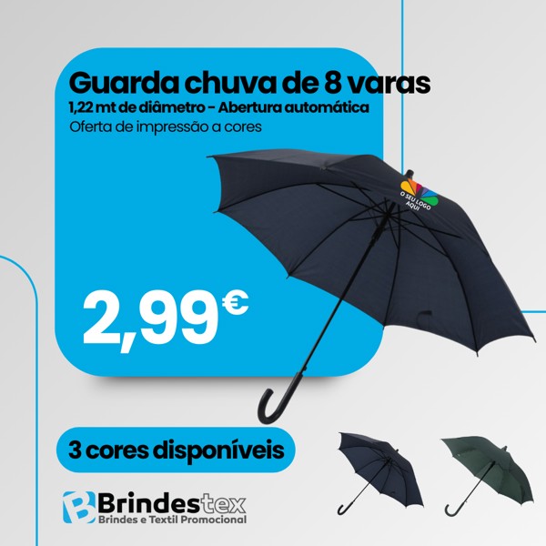 Guarda chuva de 8 varas com impressão a cores.