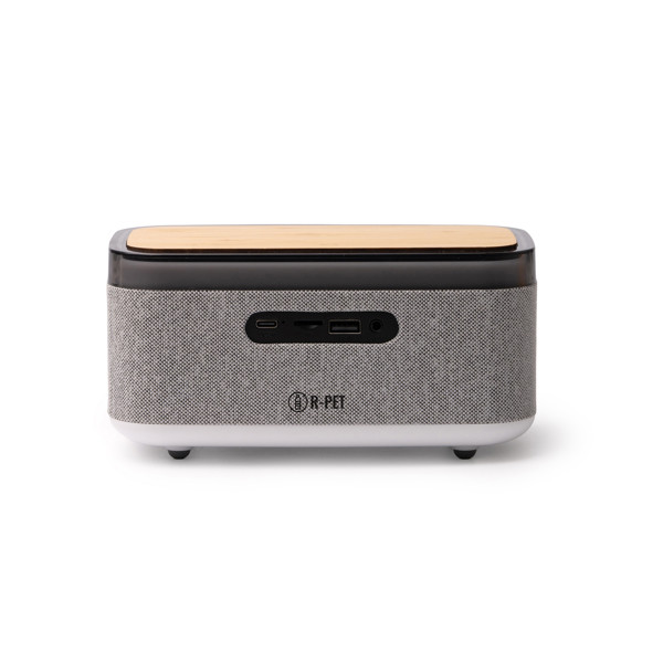 Altavoz inalámbrico personalizado de bambú y RPET con despertador, lámpara y carga inalámbrica 10W