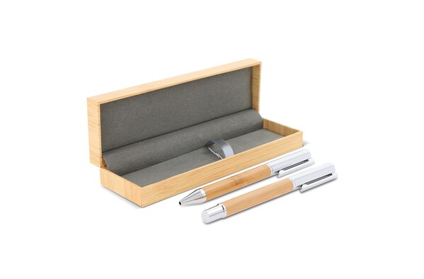 Metal ball pen and rollerball set bamboo in gift box