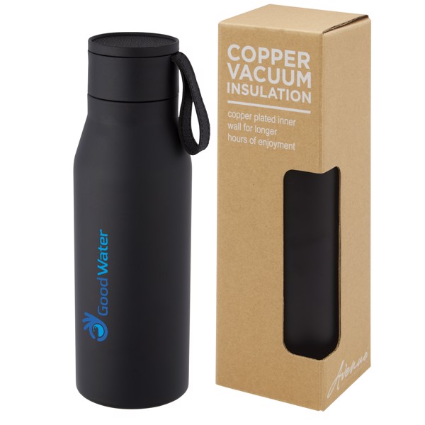 Ljungan 500 ml copper vacuum insulated stainless steel bottle with PU leather strap and lid - Black