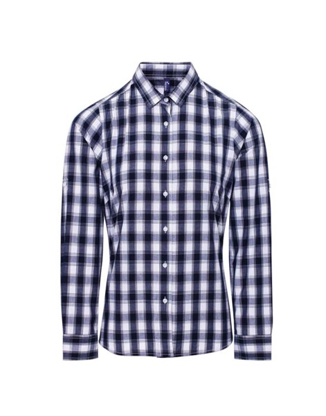 'Mulligan' Check - Women's Long Sleeve Cotton Shirt - White / Navy / L