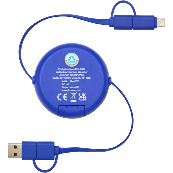 Câble rétractable 5 en 1 Alasia de 100 cm en plastique recyclé et aluminium pour la synchronisation des données et la charge - Bleu royal
