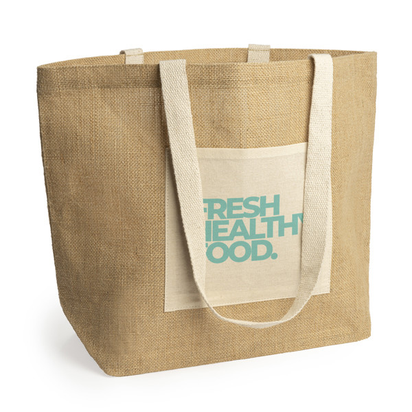 Personalised laminated jute bag with front pocket and cotton handles