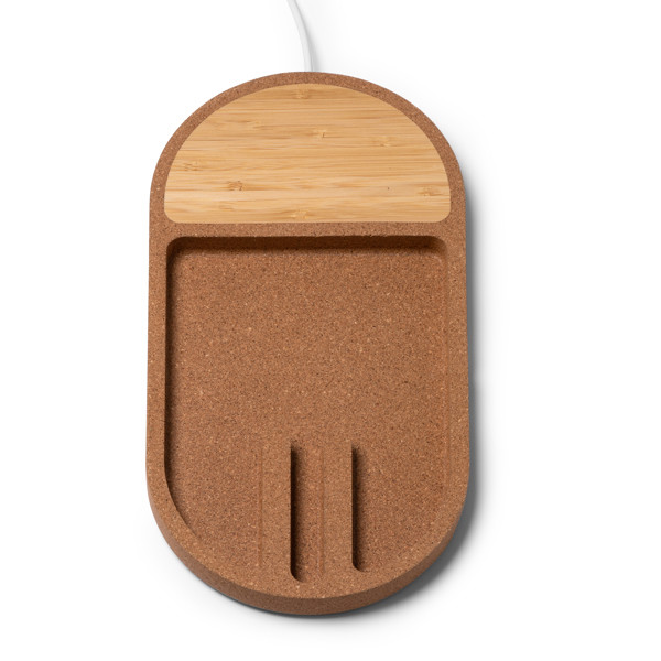 Organizador cargador inalámbrico personalizado de bambú y corcho 10W