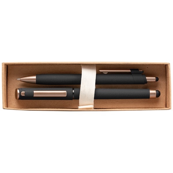 York Recycled Plastic Bronze Trim Pen Gift Set – Box Decorated - Black / 4 Colour inkjet