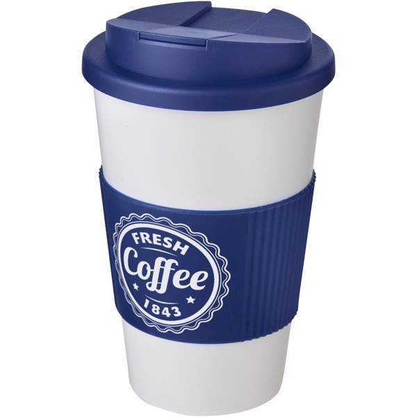 Gobelet isolant Americano® 350ml avec bandeau antidérapant et couvercle anti-fuite - Blanc / Bleu