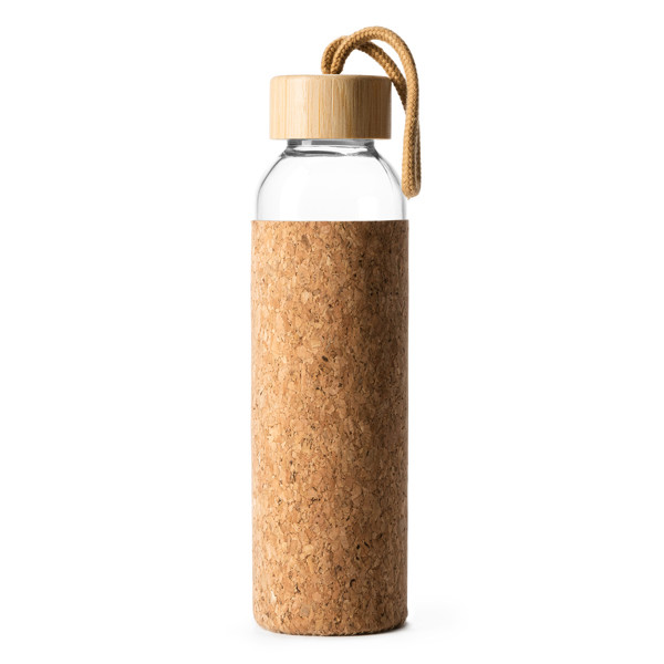 Personalised glass bottle 500 ml with cork sleeve and bamboo lid