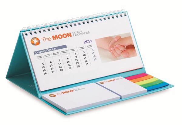 Desk calendar with hard cover, markers and memo pad - Full colour