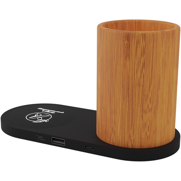 Station de charge sans fil et porte-crayon en bambou SCX.design W17 10 W avec logo lumineux