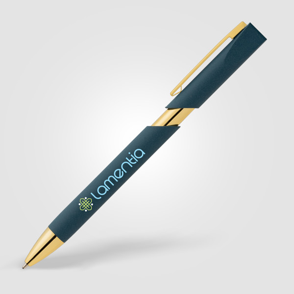 Stylo Aurelia avec finitions dorées en plastique recyclé - Bleu marine / Jet d’encre 4 couleurs