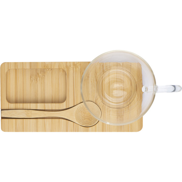 bamboo tray with spoon and glass mug ROSA - Beige