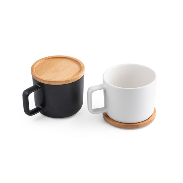 FANGIO. Tasse en céramique 230 mL avec couvercle et base en bambou - Blanc