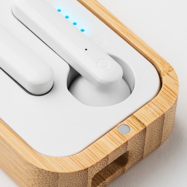 Personalized wireless earphones with bamboo charging case