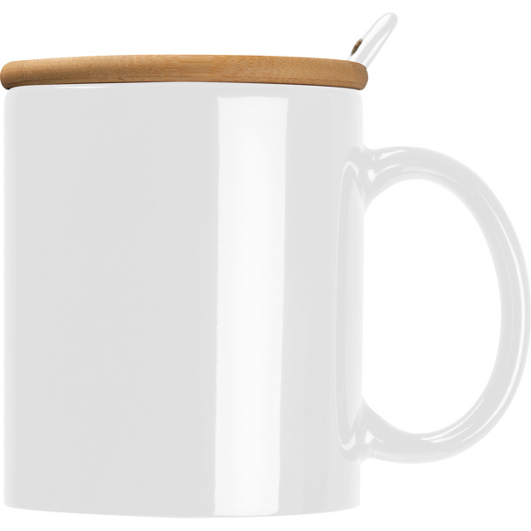 Ceramic mug with spoon and bamboo lid LOTHAR - White