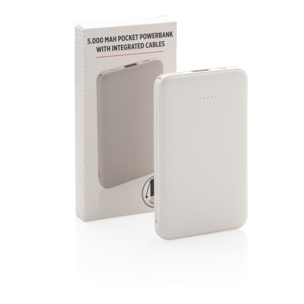 Kapesní powerbanka 5 000 mAh s integrovaným kabelem - Bílá
