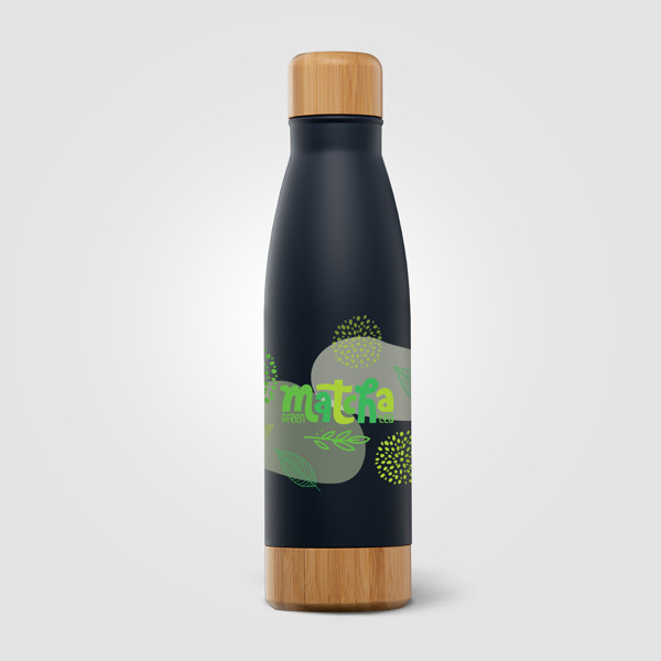 Ibiza Bamboo - 650 ml Bouteille en acier inoxydable à double paroi - Bleu marine / Jet d’encre 4 couleurs