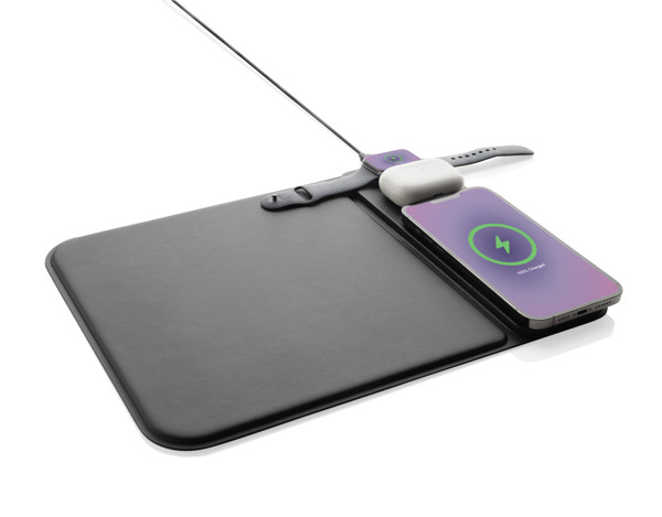 Swiss peak RCS recycled PU 15W 3 in 1 charging mousepad