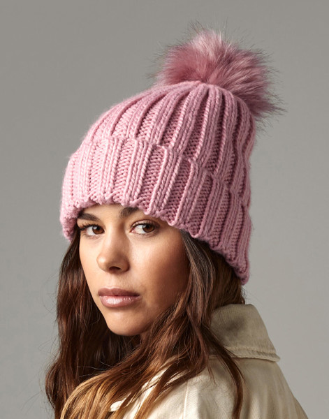Verbier Fur Pop Pom Chunky Beanie - Black / ONE SIZE