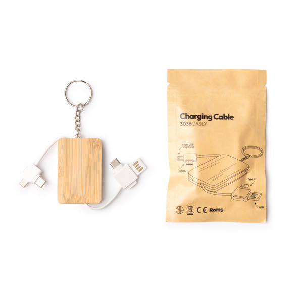 4-in-1 personalised bamboo charging cable with USB, Type C and Lightning connectors