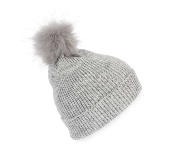 Knitted Bobble Beanie In Recycled Yarn - Light Grey Heather
